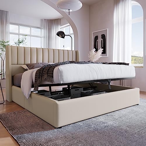 KUAKE Doppelbett 140x200cm, Stauraumbett Polsterbett Hydraulisch Funktionsbett, Lattenrost aus Holz, Bett mit Lattenrost aus Metallrahmen, Leinen (Beige, 140x200cm) von KUAKE