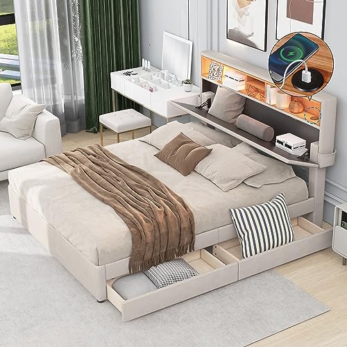 KUAKE Doppelbett 140x200cm, gepolstertes Bett mit USB-Aufladung und LED-Stauraum Kopfteil Bett, Funktionelles Bett mit Zwei Schubladen, verstellbares Kopfteil (Beige) von KUAKE