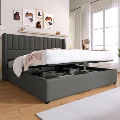 KUAKE Doppelbett 180x200cm, Stauraumbett Polsterbett Hydraulisch Funktionsbett, Lattenrost aus Holz, Bett mit Lattenrost aus Metallrahmen, Leinen (Grau, 180x200cm) von KUAKE