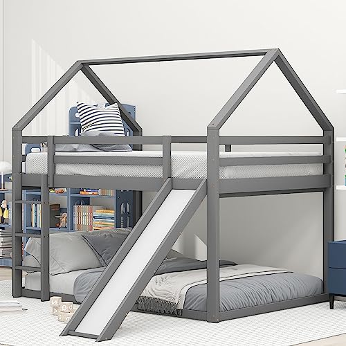 KUAKE Doppelbett Kinderbett Hausbett Etagenbett mit Rutsche und Leiter, Kinderzimmer Hoch-Doppel-Stockbett (140x200cm, Grau) von KUAKE