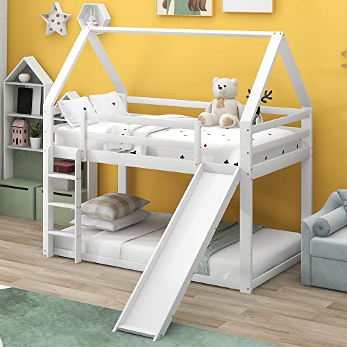 KUAKE Doppelbett Kinderbett Hausbett Etagenbett mit Rutsche und Leiter, Kinderzimmer Hoch-Doppel-Stockbett (90x200cm, Weiß) von KUAKE