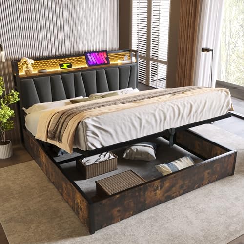 KUAKE Doppelbett Polsterbett 180x 200cm，mit USB Typ C Ladefunktion Stauraum und LED Kopfteil und Schubladen, Bettgestell mit Lattenrost aus Metallrahmen, Grau (180x200cm) von KUAKE