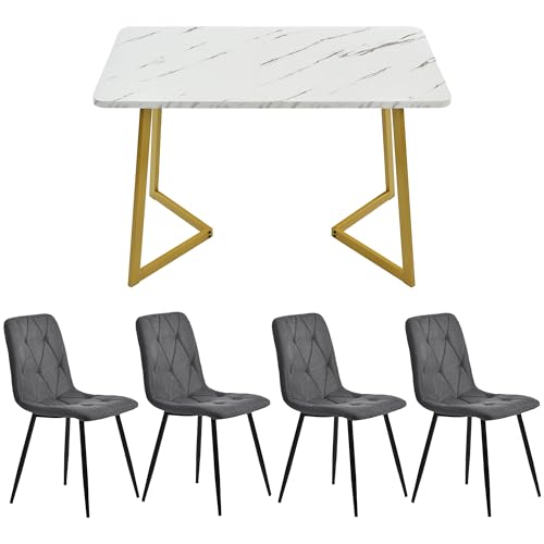 KUAKE Essgruppe,117×68cm Esstisch mit 4 Stühlen, Rechteckiger Esstisch Moderner Küchentisch Set,Esszimmerstuhl Twill Leinentuch Küchenstuhl, Golden Tischbeine (Leinentuch grau) von KUAKE