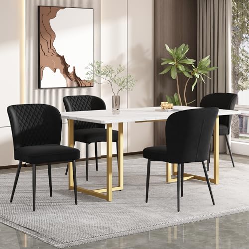 KUAKE Essgruppe,140×80×75cm Esstisch mit 4 Samt Esszimmerstühle, Polsterstuhl Design Stuhl mit Rückenlehne,L-förmig Golden Tischbeine (Schwarz-B) von KUAKE