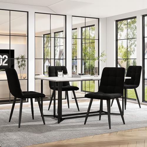 KUAKE Essgruppe (5-TLG),Esstisch mit 4 Samt Esszimmerstühle Set, Moderner Küchentisch Set, 140×80cm Küchentisch mit Schwarz Metallbeinen,Weißer MDF-Desktop (Schwarz-A) von KUAKE