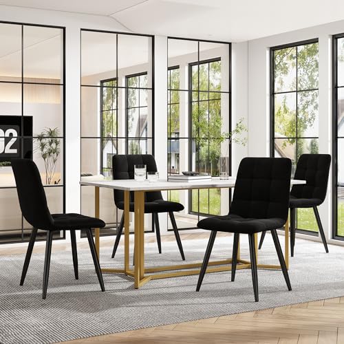 KUAKE Essgruppe (5-TLG),Esstisch mit 4 Samt Esszimmerstühle Set, Moderner Küchentisch Set, 140×80cm Küchentisch mit Schwarz Metallbeinen,Weißer MDF-Desktop (Schwarz-B) von KUAKE