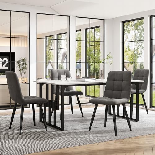 KUAKE Essgruppe (5-TLG) Esstisch mit 4 Stühlen Set, Moderner Küchentisch Set, 140×80cm mit Schwarz Metallbeinen Spleißen von Tischplatten,Samt Esszimmerstühle (Dunkelgrau-A) von KUAKE