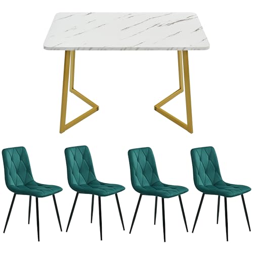 KUAKE Essgruppet,117×68cm Esstisch mit 4 Stühlen, Rechteckiger Esstisch Moderner Küchentisch Set,Esszimmerstuhl Twill Samt Küchenstuhl,Golden Tischbeine (Dunkelgrün) von KUAKE