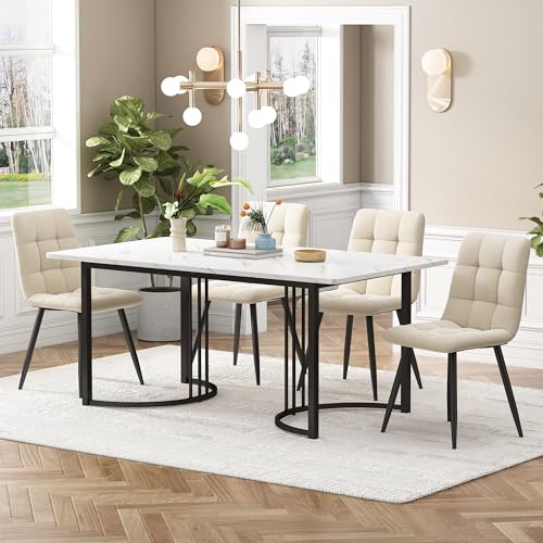 KUAKE Esstisch-Set mit 4 Stühlen 140x80 cm, Essgruppe mit 4 Stühlen aus Samt, Küchen-Esstisch für Zuhause & Familie, Schwarz Metall Tischbeine + 4 Dunkelgrau Stühlen(Beige-B) von KUAKE