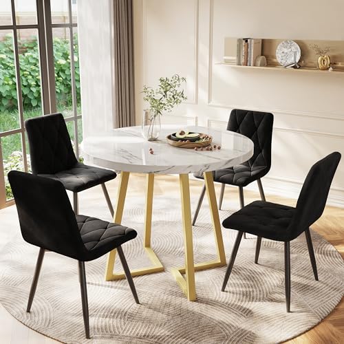 KUAKE Esstisch mit 4 Stühlen Rund, Essgruppe für 4 Personen, Samt Esszimmerstühle, Küchentisch Set mit Goldenen Tischbein, für Ihr Esszimmer und Wohnzimmer, MDF Tischplatte (Schwarze-A) von KUAKE