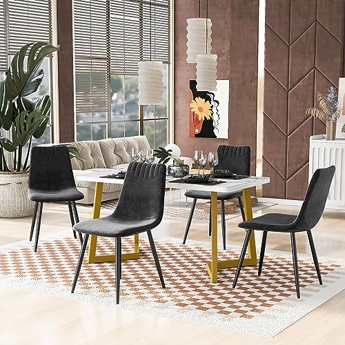 KUAKE Esstisch und Stuhl Set, Gold Bein Esstisch gepaart mit 4 Samt Esszimmerstühlen, moderner Esstisch und Stuhl Set, Marmor MDF Esstisch gepaart mit eleganten Stühlen (Schwarzen) von KUAKE
