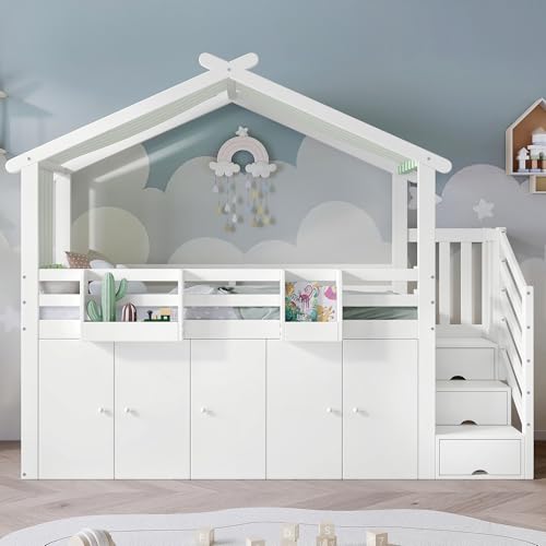 KUAKE Etagenbett Kinderbett, mit Fallschutzgitter, 1 Kleiderschrank und 2 Schließfächer, mit 3 Schließfächer in der Treppe, gestreifter Stoff, Kiefer+MDF+Sperrholz, Weiß+Grün, 90x200cm KUAKE Etagenbett Kinderbett, mit Fallschutzgitter, 1 Kleiderschrank und 2 Schließfächer, mit 3 Schließfächer in der Treppe, gestreifter Stoff, Kiefer+MDF+Sperrholz, Weiß+Grün, 90x200cm von KUAKE