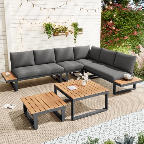 KUAKE Gartenmöbel Set, Balkonmöbel mit Verstellbarer Neigungsfunktion (5-stufig, bis 55°), Terrassenmöbel aus Verzinktes Stahlrohr mit Couchtisch, Tischplatte aus Kunststoffholz (Grau+Couchtisch) von KUAKE