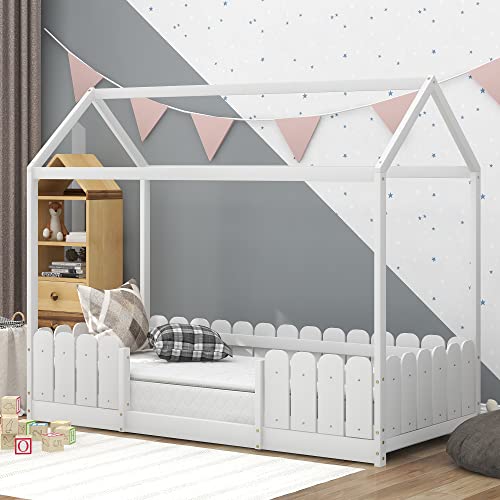 KUAKE Hausbett 90x200 cm - vielseitiges Holz Kinderbett für Jungen & Mädchen - Mit Rausfallschutz und Lattenrost (Weiß) von KUAKE