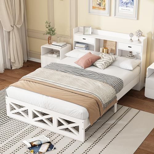 KUAKE Holzbett mit Paneelen 140x200cm, Doppelbett mit Holz Lattenroste, mit Aufbewahrungsfunktion, Mehrschichtplatte, Weiß von KUAKE