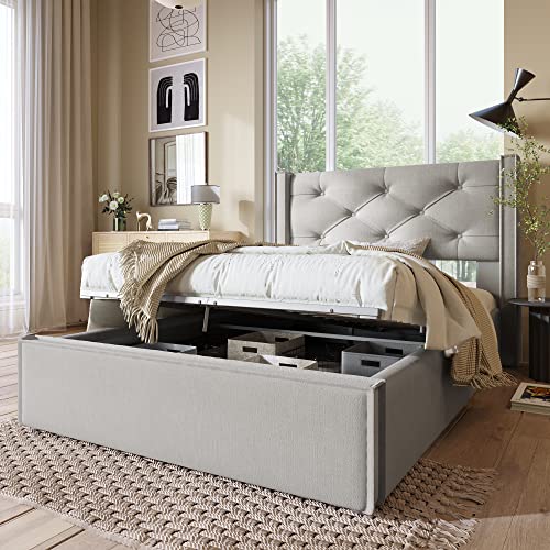 KUAKE Hydraulisch Einzelbett Polsterbett 90x200cm, Bett mit Lattenrost aus Metallrahmen, Modernes Bettgestell mit Stauraum, Baumwolle (HellGrau, 90x200cm) von KUAKE