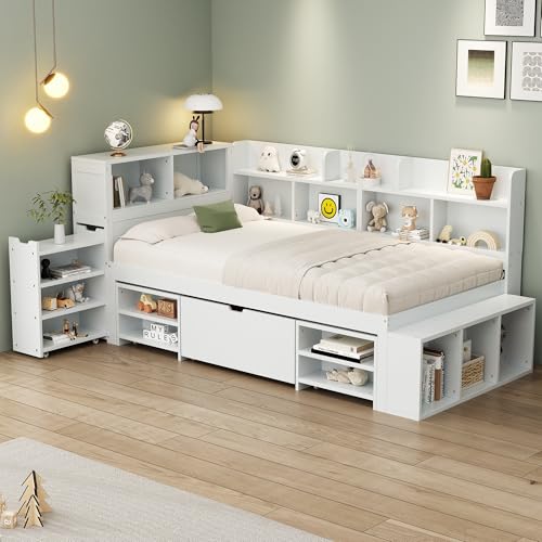 KUAKE Bett 90x200cm Einzelbett Kinderbett mit Stauraum, Schubladen Bücherregal Stauschrank, Stauraumbett Bettgestell mit Lattenrost, Funktionsbett Holzbett Flachbett Jugendbett,Weiß (90x200cm) von KUAKE
