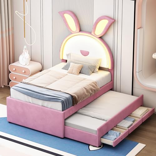 KUAKE Kinderbett Polsterbett 90 x 200 cm,Samtstoff Multifunktionales gepolstertes Einzelbett-Schlafsofa mit ausziehbarem Bett, Stauraumschublade und farbwechselndem LED (Rosa) von KUAKE