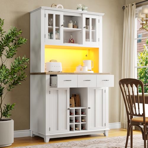 KUAKE Küchenschrank, Hochschrank Küchenbuffet, Vitrinenschrank, Buffetschrank mit Verstellbaren Ablagen, Sideboard mit LED-Beleuchtung, Buffetschrank (Weiße Schublade) von KUAKE