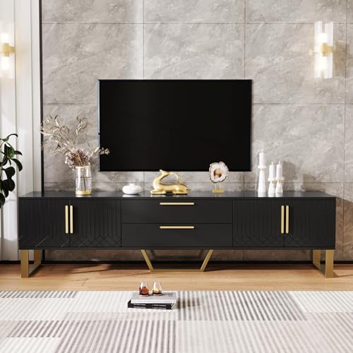 KUAKE Moderner TV Schrank, Fernsehtisch mit 4 Schließfach und 2 Schublad, 170cm lang, Goldene Griffe und Füße, Hochglänzendes TV Lowboard für Wohnzimmer und Esszimmer (Schwarz) von KUAKE