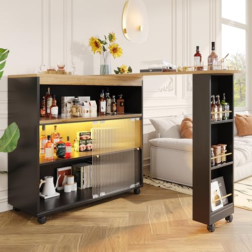 KUAKE Bartisch Ausziehbar Barmöbel Theken mit Stauraum, Beweglicher Teleskopischer Bistrotisch mit LED, Stehtisch Hochtisch Kücheninsel Bistro Esstisch,138-204x39x105 cm ﻿ (Schwarz-B) von KUAKE
