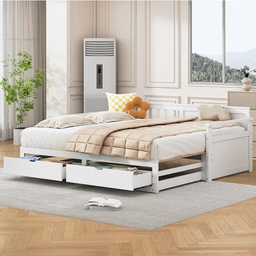 KUAKE Multifunktionales Zwei-in-Eins-Tagesbett, Massivholz Kiefernbett, Podestbett mit Lattenrost Jugendbett mit 2 Schubladen, Gästebett (Weiß) von KUAKE