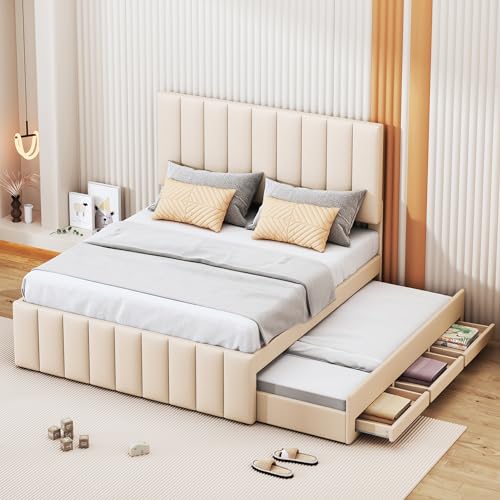 KUAKE Polsterbett 140 x 200 cm，mit Rollbett und Stauraumschubladen, flaches Einzelbett, Kinderbett, Jugendbett, Gästebett (Beige, 140 x 200 cm) von KUAKE
