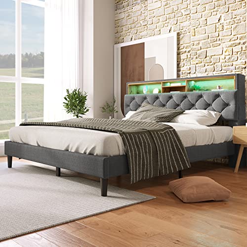 KUAKE Polsterbett 140 x 200cm Doppelbett Stauraum LED Kopfteil Bett mit Aufladen USB Bettgestell Lattenrost aus Holz, Grau von KUAKE