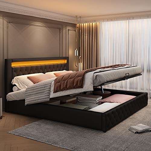 KUAKE Polsterbett 160x200 cm, Doppelbett mit Lattenrost und Stauraum, Funktions Gepolstertes Bett, Stauraumbett Funktionsbetten Rückenlehne Bettgestell mit LED, PU, Ohne Matratze (Schwarz, 160x200cm) von KUAKE
