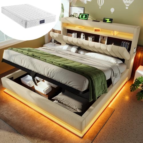KUAKE Polsterbett 160x200cm, LED Doppelbett mit Lattenrost, Kopfteil mit Staufach und USB- und Typ-C Ladefunktion, Hydraulisch Stauraumbett Rückenlehne,Leinenstoff ﻿ (Beige, 160x200cm-Mit Matratze) von KUAKE