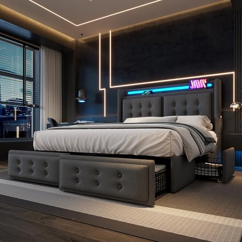 KUAKE Polsterbett 180x200, Doppelbett mit Led-Kopfteil und USB C Ladefunktion und 4 Schubladen, Stauraumbetten mit Lattenrost aus Holz und Metallrahmen,Baumwolle (Grau, 180x200CM) von KUAKE