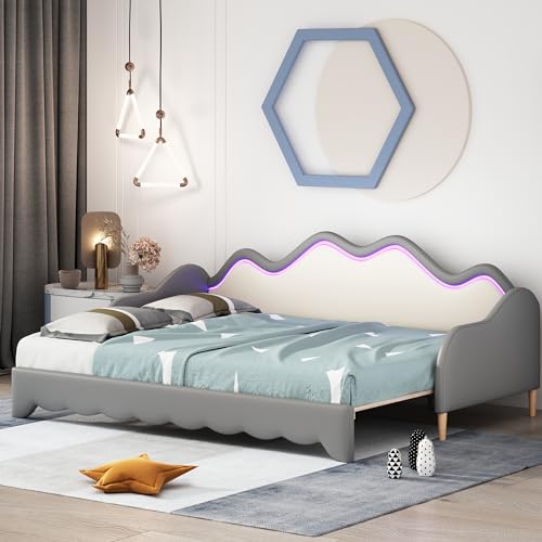 KUAKE Polsterbett 90(180)*190cm, 2-in-1 Multifunktions-Schlafsofa, Kinderbett aus Kunstleder mit LED-Beleuchtung, mit Lattenrost (Grau) von KUAKE
