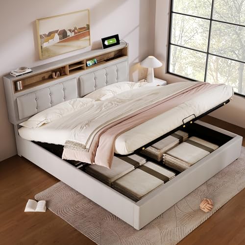 KUAKE Polsterbett Doppelbett 160x200cm, mit USB C Steckdose Ladefunktion Kopfteil,Stauraumbetten Bettgestell aus Leinenmaterial Jugendbett mit lattenrost,Ohne Matratze (Hellbeige, 160x200cm) von KUAKE