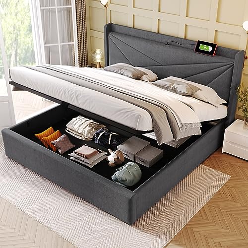 KUAKE Polsterbett Doppelbett Stauraum160x200，Bettkasten mit USB Typ C Ladefunktion Kopfteil,Stauraumbetten Bettgestell aus Leinenmaterial Jugendbett mit lattenrost (160x200cm, grau) von KUAKE