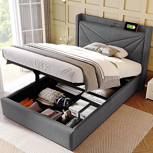 KUAKE Polsterbett Doppelbett Stauraum90x200，Bettkasten mit USB Typ C Ladefunktion Kopfteil,Stauraumbetten Bettgestell aus Leinenmaterial Jugendbett mit lattenrost (90x200cm, grau) von KUAKE