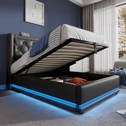 KUAKE Polsterbett Einzelbett 90x200 cm,PU-Material Hydraulisches Stauraumbett, gepolstertes Kopfteil mit USB Typ-C Ladefunktion, LED-Funktion, Ohne Matratze (Schwarz, 90x200cm) von KUAKE