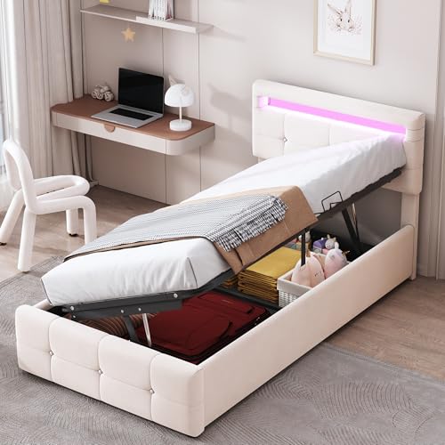 KUAKE Polsterbett Kinderbett 90x200 cm, Mit LED-Beleuchtung Höhenverstellbares Kopfteil, Hydraulisches Stauraumbett, Einzel-Hochboxbett, Samtstoff (Beige) von KUAKE
