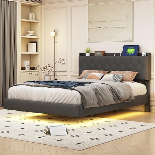 KUAKE Bett 140x200 mit L-E-D und USB, Polsterbett mit höhenverstellbar Stauraum Kopfteil, Doppelbett mit Lattenrost, Jugendbett Stauraumbett Leinenstoff Bettgestell,ohne Matratze(140x200cm) von KUAKE