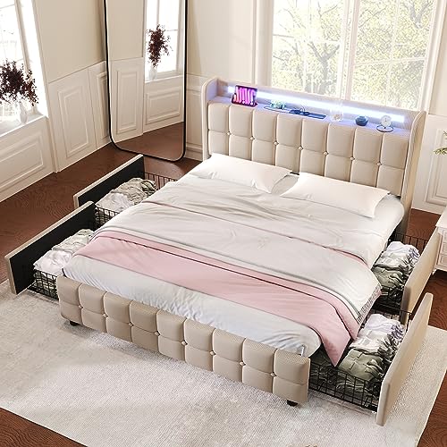 KUAKE Polsterbett mit USB Ladefunktion und LED-Kopfteil und 4 Schubladen, Doppelbett 140x200cm Stauraumbetten Jugendbett Bettgestell, Lattenrost aus Holz, Ohne Matratze (Beige, 140x200cm) von KUAKE