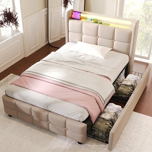 KUAKE Polsterbett mit USB Ladefunktion und LED-Kopfteil und 4 Schubladen, Doppelbett 90x200cm Stauraumbetten Jugendbett Bettgestell, Lattenrost aus Holz, Ohne Matratze (Beige, 90x200cm) von KUAKE