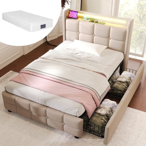 KUAKE Polsterbett mit USB Ladefunktion und LED-Kopfteil und 4 Schubladen, Doppelbett 90x200cm Stauraumbetten Jugendbett Bettgestell, Lattenrost aus Holz (Beige, 90x200cm+Matratze) von KUAKE