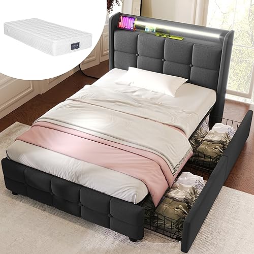 KUAKE Polsterbett mit USB Ladefunktion und LED-Kopfteil und 4 Schubladen, Doppelbett 90x200cm Stauraumbetten Jugendbett Bettgestell, Lattenrost aus Holz (Grau, 90x200cm+Matratze) von KUAKE