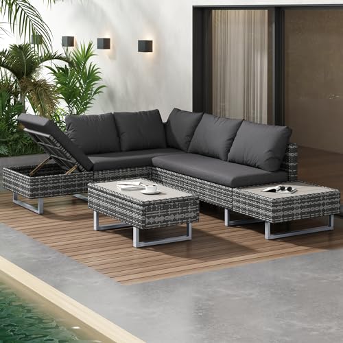 KUAKE Poly -Rattan Gartengarnitur Sitzgruppe Sofa Lounge, für 4-5 Personen, mit Ecksofa, Tisch & Auflagen, Abnehmbarer und waschbarer Stoffbezug (Grau) von KUAKE
