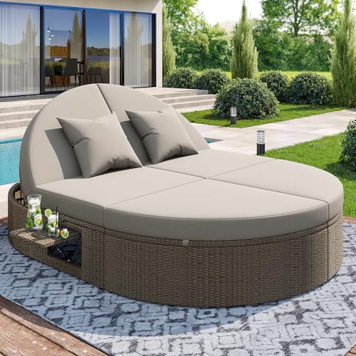 KUAKE Rattan Doppel-Liege, Outdoor Daybed für 2 Personen, Verstellbare Rückenlehne, Gartenliege mit seitlichem Regal und Klapptisch, Garten Relaxliege, Wetterbeständig KUAKE Rattan Doppel-Liege, Outdoor Daybed für 2 Personen, Verstellbare Rückenlehne, Gartenliege mit seitlichem Regal und Klapptisch, Garten Relaxliege, Wetterbeständig von KUAKE