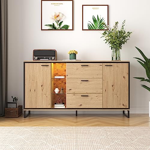 KUAKE Sideboard mit DREI Schubladen, mit Zwei Türen. Modernes Sideboard in Holzfarbe mit Ablagefächern – stilvolle und funktionale Wohnmöbel. Schwarz und Holzfarbe. von KUAKE