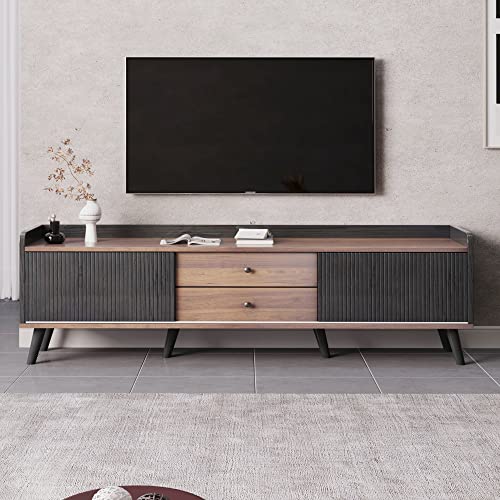 KUAKE TV-Schrank mit Zwei Schubladen, Fernsehtisch TV Board160x40x58(cm), TV- Lowboard niedrige Platte mit Zwei Schiebetüren. (Schwarz und Holz) von KUAKE