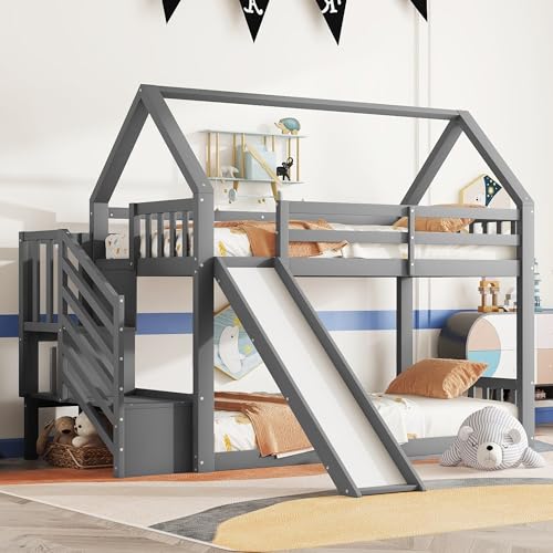 Kinderbett Etagenbett 90x200 cm für 2 Kinder, Hochbett Hausbett mit Stauraum Treppe und Rutsche, Holzbett mit Rausfallschutz und Lattenrost aus Holz, Weiß, Ohne Matratze(Grau) von KUAKE