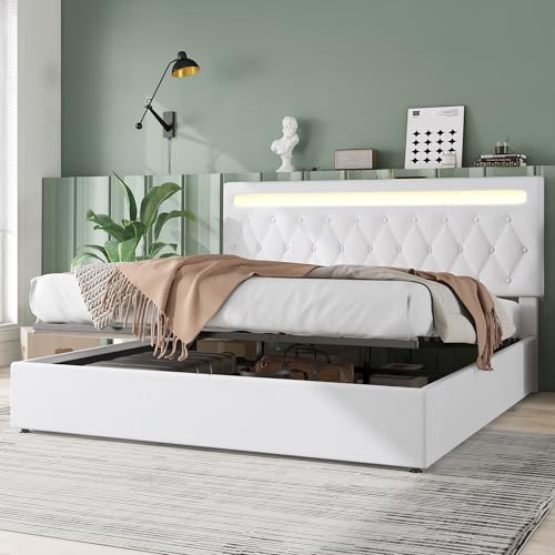 Polsterbett 180x200, LED Doppelbett mit USB Typ C Anschluss&Großer Stauraum, Bett Hydraulisch Stauraumbett Funktionsbett Rückenlehne Bettgestell Jugendbett mit Lattenrost, Leinen (Weiß, 180 x 200cm) von KUAKE