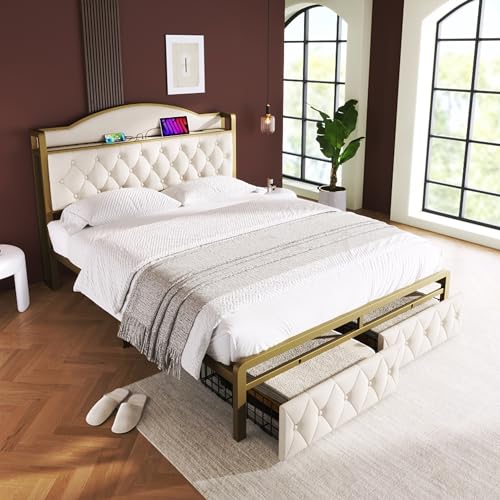 Polsterbett Doppelbett 140x200, Metallbett mit Schubladen Stauraum, Kopfteil mit USB/Typ-C Ladefunktion, Bettgestell mit Lattenrost aus Metallrahmen, Stauraumbett, Ohne Matratze(HellBeige, 140x200CM) von KUAKE