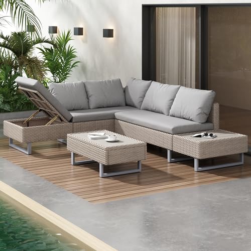 Poly -Rattan Gartengarnitur Sitzgruppe Sofa Lounge, für 4-5 Personen, mit Ecksofa, Tisch & Auflagen, Abnehmbarer und waschbarer Stoffbezug (Khaki) von KUAKE